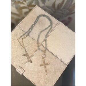 Gold Cross Pendant Necklace with Iridescent Blue Beads